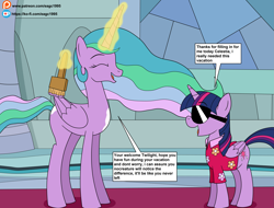 Size: 4513x3429 | Tagged: safe, artist:eagc7, character:princess celestia, character:twilight sparkle, character:twilight sparkle (alicorn), species:alicorn, species:pony, episode:the last problem, g4, my little pony: friendship is magic, brush, clothing, comic, dialogue, disguise, duo, duo female, female, hawaiian shirt, ko-fi, mare, paint, paint on fur, patreon, plot twist, shade, shirt, text, that explains everything, throne room, what a twist