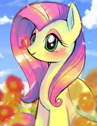 Size: 623x810 | Tagged: safe, artist:hosikawa, character:fluttershy, species:pegasus, species:pony, butterfly, butterfly on nose, cloud, cute, female, flower, folded wings, insect on nose, looking at something, mare, outdoors, shyabetes, sitting, sky, solo, three quarter view, wings