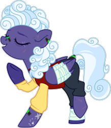 Size: 2274x2605 | Tagged: safe, artist:rerorir, character:rolling thunder, species:pegasus, species:pony, icey-verse, alternate hairstyle, bandage, bandaid, clothing, commission, ear piercing, earring, eye scar, eyes closed, female, high res, jeans, jersey, jewelry, mare, older, pants, piercing, raised hoof, raised leg, redesign, scar, shirt, simple background, solo, t-shirt, tattoo, transparent background