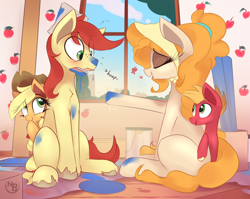 Size: 2482x1971 | Tagged: safe, artist:nevobaster, character:applejack, character:big mcintosh, character:bright mac, character:pear butter, species:earth pony, species:pony, ship:brightbutter, apple, apple farm, boop, brightabetes, brush, clothing, colt, colt big macintosh, cute, dork, family, female, filly, filly applejack, food, freckles, group, hat, headband, jackabetes, laughing, macabetes, male, mare, mouth hold, nevobaster is trying to murder us, open mouth, paint, paint bucket, painting, paper hat, parent, pearabetes, shipping, sitting, smiling, stallion, straight, window, younger