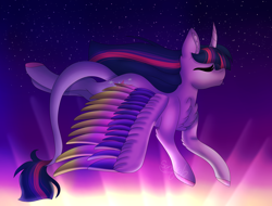 Size: 6300x4800 | Tagged: safe, artist:tomboygirl45, artist:unknownartist20, character:twilight sparkle, character:twilight sparkle (alicorn), species:alicorn, species:pony, absurd resolution, colored wings, eyes closed, female, flying, mare, multicolored wings, solo, twilight (astronomy), wings