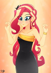 Size: 2261x3264 | Tagged: safe, artist:xan-gelx, character:sunset shimmer, my little pony:equestria girls, alternate hairstyle, bare shoulders, black dress, blushing, bracelet, clothing, cute, dress, ear piercing, eye clipping through hair, eyebrows, eyebrows visible through hair, eyelashes, female, gradient background, high res, jewelry, lips, lipstick, little black dress, piercing, shimmerbetes, signature, sleeveless, solo, strapless