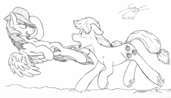 Size: 1964x1124 | Tagged: safe, artist:parallel black, character:applejack, character:rainbow dash, accessory theft, applejack's hat, clothing, cowboy hat, flying, hat, monochrome, mud, running, sketch, traditional art