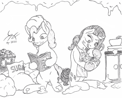 Size: 1540x1272 | Tagged: safe, artist:parallel black, character:pinkie pie, character:rarity, alternate hairstyle, baking, batter, book, bowl, cooking, food, ingredients, kitchen, messy, mixing bowl, monochrome, reading, reference, sketch, the simpsons, traditional art