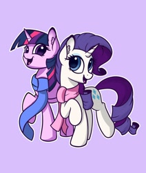 Size: 2200x2600 | Tagged: safe, artist:lollipony, artist:sadtrooper, character:rarity, character:twilight sparkle, character:twilight sparkle (alicorn), species:alicorn, species:pony, species:unicorn, ship:rarilight, clothing, female, gray background, lesbian, mare, open mouth, scarf, shipping, simple background, smiling