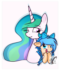 Size: 2273x2639 | Tagged: safe, artist:applerougi, character:princess celestia, oc, oc:happy splash, species:pony, bow, bust, cute, duo, hair bow, looking at each other, one eye closed, pink background, simple background