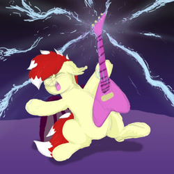 Size: 3000x3000 | Tagged: safe, artist:aaathebap, oc, oc only, oc:aaaaaaaaaaa, species:bat pony, species:pony, bat pony oc, bat wings, cute, cute little fangs, fangs, freckles, guitar, lightning, male, musical instrument, playing guitar, rock, rock star, sketch, solo, stage, wings