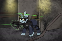 Size: 3000x2008 | Tagged: safe, artist:aaathebap, oc, species:pony, species:unicorn, armor, armored pony, clothing, dark, dim light, fog, gun, horn, invisible, invisible stallion, laser, laser pointer, lights, magic, pipe, safety goggles, subject 617, the hidden, unicorn oc, uniform, weapon