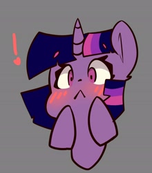 Size: 2415x2748 | Tagged: safe, artist:bloodatius, character:twilight sparkle, species:pony, :<, blushing, bust, cute, exclamation point, female, gray background, high res, mare, portrait, simple background, solo, twiabetes