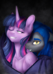 Size: 2160x3013 | Tagged: safe, artist:doekitty, character:twilight sparkle, character:twilight sparkle (alicorn), oc, oc:midnight wind, species:alicorn, species:bat pony, species:pony, bust, canon x oc, fanfic, fanfic art, fanfic cover, fangs, female, high res, male, mare, portrait, stallion