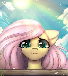 Size: 1948x2170 | Tagged: safe, artist:radioaxi, character:fluttershy, species:pegasus, species:pony, bust, crepuscular rays, cute, female, looking at you, mare, outdoors, portrait, rainbow, shyabetes, sky, smiling, solo, sunlight, weapons-grade cute