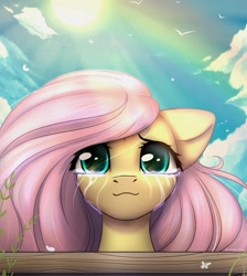 Size: 1948x2170 | Tagged: safe, alternate version, artist:radioaxi, character:fluttershy, species:pegasus, species:pony, bust, crepuscular rays, crying, cute, female, looking at you, mare, outdoors, portrait, rainbow, shyabetes, sky, smiling, solo, sunlight, tears of joy