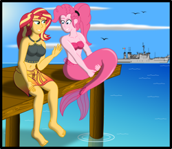 Size: 2300x1988 | Tagged: safe, artist:physicrodrigo, part of a set, character:pinkie pie, character:sunset shimmer, species:bird, series:equestria mermaids, my little pony:equestria girls, barefoot, battleship, belly button, bikini, bikini top, boat, breasts, busty pinkie pie, busty sunset shimmer, cleavage, clothing, cloud, duo, duo female, feet, female, fins, grin, high res, hug, looking at each other, mermaid, mermaid tail, mermaidized, mexico, midriff, military, navy, ocean, part of a series, pier, ponytail, raised hand, sarong, seashell bra, ship, sitting, smiling, social distancing, species swap, story included, swimsuit, tail hug