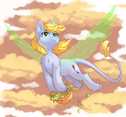 Size: 2700x2512 | Tagged: safe, artist:peachmayflower, oc, oc only, oc:art's desire, species:pony, species:unicorn, artificial wings, augmented, basket, magic, magic wings, solo, wings