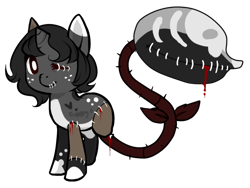 Size: 696x522 | Tagged: safe, artist:skulifuck, oc, oc only, amputee, augmented tail, blood, bone, frankenpony, freckles, horn, missing limb, monster pony, original species, piranha plant pony, plant, plant pony, simple background, stitches, stump, transparent background