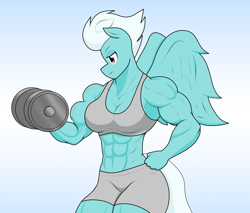 Size: 1738x1484 | Tagged: safe, artist:matchstickman, character:fleetfoot, species:anthro, species:pegasus, species:pony, abs, biceps, breasts, busty fleetfoot, deltoids, dumbbell (object), female, fleetflex, gradient background, gym clothes, looking sideways, mare, muscles, muscular female, pecs, solo