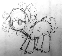 Size: 1137x1035 | Tagged: safe, artist:skulifuck, oc, oc only, species:sheep, bow, cloven hooves, grayscale, hair bow, lineart, monochrome, pencil drawing, sheep pony, smiling, solo, traditional art