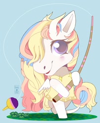 Size: 1419x1751 | Tagged: safe, artist:hikariviny, oc, oc:rainbow dreams, species:anthro, species:pegasus, species:pony, animal crossing, blue background, blushing, clothing, clover, colored horn, dress, female, fishing rod, hair over one eye, hoof hold, horn, simple background, two toned wings, wings