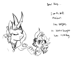 Size: 1456x1083 | Tagged: safe, artist:skulifuck, oc, oc only, oc:snowflake, oc:verglas, species:demon pony, species:dragon, bust, curved horn, demon, duo, eyes closed, female, horn, lineart, monochrome, original species, scroll, talking