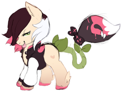 Size: 1436x1093 | Tagged: safe, artist:skulifuck, oc, oc only, augmented tail, bedroom eyes, clothing, colored hooves, eyelashes, fangs, monster pony, original species, piranha plant pony, plant, plant pony, simple background, smiling, tongue out, white background
