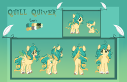 Size: 1530x994 | Tagged: safe, artist:skulifuck, base used, oc, oc only, oc:quill quiver, species:pegasus, species:pony, abstract background, baby, baby pony, colored hooves, female, filly, mare, open mouth, pegasus oc, quill, reference sheet, smiling, wings