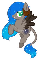 Size: 851x1309 | Tagged: safe, alternate version, artist:skulifuck, oc, oc only, oc:aries, species:demon pony, colored, demon, ethereal mane, flying, galaxy mane, horn, leonine tail, original species, rearing, simple background, transparent background, wings