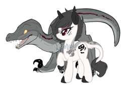Size: 2400x1700 | Tagged: safe, artist:skulifuck, oc, oc only, oc:fossil fen, oc:rouge, species:pony, species:unicorn, bedroom eyes, colored hooves, dinosaur, duo, eyelashes, female, fossil, freckles, leonine tail, makeup, mare, open mouth, raised hoof, sharp teeth, simple background, story included, teeth, transparent background, velociraptor