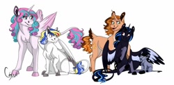 Size: 1280x630 | Tagged: safe, artist:colourstrike, character:princess flurry heart, oc, oc:althea, oc:comet, oc:dusk, oc:prince maximus, parent:king sombra, parent:princess cadance, parent:princess celestia, parent:princess luna, parent:shining armor, parents:lumbra, parents:shiningcadance, species:alicorn, species:earth pony, species:pegasus, species:pony, species:unicorn, colt, cousins, female, filly, leonine tail, male, mare, next generation, offspring, older, older flurry heart, siblings, simple background, tail feathers, white background