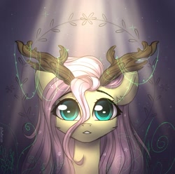 Size: 1501x1489 | Tagged: safe, artist:radioaxi, character:fluttershy, species:pony, antlers, branches for antlers, bust, crepuscular rays, female, full face view, light, looking at you, mare, portrait, solo, stray strand