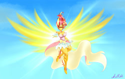 Size: 4000x2550 | Tagged: safe, artist:albertbm, character:daydream shimmer, character:sunset shimmer, my little pony:equestria girls, armpits, artificial wings, augmented, daydream shimmer, female, flying, magic, magic wings, sky, solo, wings