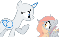 Size: 836x532 | Tagged: safe, artist:skulifuck, base used, oc, oc only, parent:derpy hooves, parent:fluttershy, parent:rainbow dash, species:alicorn, species:pegasus, species:pony, alicorn oc, base, duo, eyelashes, female, horn, looking at each other, looking up, magical lesbian spawn, magical threesome spawn, mare, multiple parents, offspring, open mouth, parents:flutterderpydash, pegasus oc, raised hoof, simple background, smiling, transparent background, wings