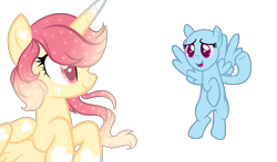Size: 1224x719 | Tagged: safe, artist:skulifuck, base used, oc, oc only, species:alicorn, species:pegasus, species:pony, alicorn oc, bald, duo, ethereal mane, female, flying, galaxy mane, horn, mare, pegasus oc, simple background, smiling, transparent background, wings