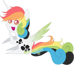 Size: 664x579 | Tagged: safe, artist:skulifuck, base used, oc, oc only, species:alicorn, species:pony, :d, alicorn oc, horn, multicolored hair, pointy ponies, rainbow hair, simple background, sitting, smiling, solo, transparent background, watermark, wings