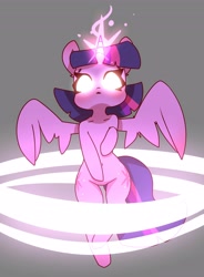 Size: 3016x4096 | Tagged: safe, artist:bloodatius, character:twilight sparkle, character:twilight sparkle (alicorn), species:alicorn, species:pony, bipedal, female, glowing eyes, glowing horn, gray background, high res, horn, magic, mare, redraw, simple background, solo, spread wings, wings