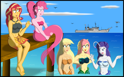 Size: 3202x2000 | Tagged: safe, artist:physicrodrigo, part of a set, character:applejack, character:fluttershy, character:pinkie pie, character:rarity, character:sunset shimmer, species:bird, series:equestria mermaids, my little pony:equestria girls, angler fish, arm behind back, barefoot, battleship, belly button, bikini, bikini top, black eye, boat, breasts, busty applejack, busty fluttershy, busty pinkie pie, busty rarity, busty sunset shimmer, cleavage, clothing, cloud, disappearing clothes, dress, ear fins, feet, fins, gasp, gills, helicopter, high res, hug, mermaid, mermaid tail, mermaidized, mexico, midriff, military, navy, ocean, open mouth, part of a series, pier, pointing, ponytail, raised hand, sarong, seashell bra, ship, sitting, species swap, story included, surprised, swimsuit, tail hug, worried