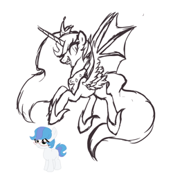Size: 1000x1000 | Tagged: safe, artist:skulifuck, base used, oc, oc only, species:alicorn, species:bat pony, species:pony, bat pony alicorn, bat wings, duo, female, filly, hoof shoes, horn, lineart, mare, monochrome, nightmarified, open mouth, partial color, peytral, sharp teeth, simple background, smiling, story included, teeth, white background, wings