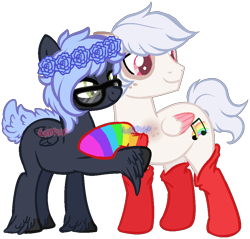 Size: 874x837 | Tagged: safe, artist:skulifuck, base used, oc, oc only, oc:skate beat, species:pony, clothing, duo, female, floral head wreath, flower, glasses, holding hooves, hoof fluff, looking back, male, mare, music notes, rainbow socks, simple background, smiling, socks, stallion, striped socks, transparent background