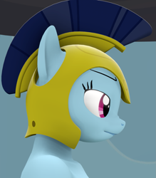 Size: 945x1080 | Tagged: safe, artist:camtwosix, character:rainbow dash, species:anthro, species:plantigrade anthro, 3d, armor, bare shoulder portrait, bare shoulders, bust, female, helmet, portrait, rainbow dash's bedroom, royal guard armor, solo, source filmmaker, wingless, wingless anthro