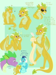 Size: 1280x1707 | Tagged: safe, artist:pastel-charms, character:princess ember, character:spike, oc, oc:cinder, parent:princess ember, parent:spike, parents:emberspike, species:dragon, female, fly, insect, offspring, scroll, sunglasses
