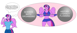 Size: 4601x2009 | Tagged: safe, artist:matchstickman, character:twilight sparkle, character:twilight sparkle (alicorn), species:alicorn, species:anthro, species:pony, abs, barbell, biceps, breasts, busty twilight sparkle, clothing, deltoids, dialogue, female, fingerless gloves, gloves, gym shorts, hand on hip, happy, imagine spot, jeans, mare, muscles, muscular female, pants, purple eyes, purple fur, purple wings, sexy, shirt, shorts, simple background, sports bra, sweat, t-shirt, twilight muscle, weight lifting, white background, wings