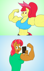 Size: 1724x2776 | Tagged: safe, artist:matchstickman, character:apple bloom, character:babs seed, species:anthro, species:earth pony, species:pony, abs, abs seed, apple bloom's bow, apple brawn, armpits, biceps, bow, breasts, busty apple bloom, busty babs seed, cellphone, clothing, comic, cousins, deltoids, duo, female, flexing, front view, gradient background, grin, hair bow, looking at you, mare, matchstickman's apple brawn series, muscles, muscular female, no dialogue, older, older apple bloom, older babs seed, pecs, phone, selfie, shirt, side view, smartphone, smiling, tongue out, triceps, tumblr comic, tumblr:where the apple blossoms