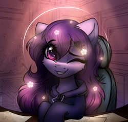 Size: 2000x1906 | Tagged: safe, artist:radioaxi, oc, oc only, oc:share dast, species:pony, chair, clothing, desk, eye clipping through hair, female, gift art, hoodie, looking at you, mare, one eye closed, sitting, smiling, solo