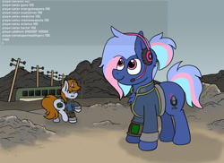 Size: 3136x2280 | Tagged: safe, artist:aaathebap, oc, oc only, oc:bit rate, oc:littlepip, species:earth pony, species:pony, species:unicorn, fallout equestria, cheater, cheating, chest fluff, clothing, earth pony oc, fallout, fanfic, fanfic art, female, funny, hack, hacker, hax, headset, hooves, horn, mare, meme, open mouth, pipbuck, ponyfest, ponyfest online, ponytail, smiling, stable-tec, standing, telephone pole, unicorn oc, vault suit, walking, wasteland