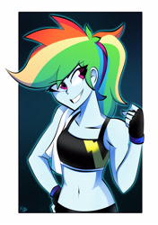 Size: 2296x3264 | Tagged: safe, artist:xan-gelx, character:rainbow dash, my little pony:equestria girls, belly button, clothing, cute, dashabetes, female, fingerless gloves, gloves, high res, midriff, sleeveless, solo, sports bra, sweat, workout outfit