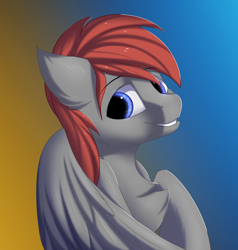 Size: 2850x3000 | Tagged: safe, artist:snowstormbat, oc, oc only, species:pegasus, species:pony, bust, chest fluff, gradient background, looking back, male, portrait, smiling, solo, stallion