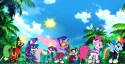 Size: 2532x1292 | Tagged: safe, artist:kayman13, character:applejack, character:fili-second, character:fluttershy, character:humdrum, character:masked matter-horn, character:mistress marevelous, character:pinkie pie, character:radiance, character:rainbow dash, character:rarity, character:saddle rager, character:spike, character:twilight sparkle, character:twilight sparkle (alicorn), character:zapp, species:alicorn, species:pony, episode:power ponies, g4, my little pony: friendship is magic, day, irl, jungle, looking at each other, looking at you, mane seven, mane six, photo, ponies in real life, smiling