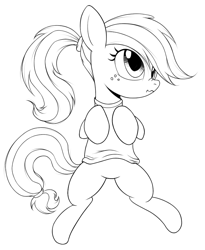 Size: 821x1000 | Tagged: safe, artist:kas92, artist:xn-d, character:applejack, species:pony, alternate hairstyle, clothing, featureless crotch, female, lineart, mare, monochrome, on back, ponytail, scrunchy face, simple background, sketch, solo, sweater, white background