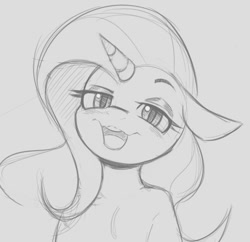 Size: 770x744 | Tagged: safe, artist:tre, character:trixie, species:pony, species:unicorn, bedroom eyes, blushing, bust, dreamworks face, eyeshadow, female, floppy ears, gray background, grayscale, head tilt, human shoulders, looking at you, makeup, mare, monochrome, open mouth, semi-anthro, simple background, sketch, smiling, solo, stray strand