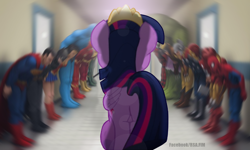 Size: 1280x768 | Tagged: safe, artist:rsa.fim, character:twilight sparkle, character:twilight sparkle (alicorn), species:alicorn, species:pony, my little pony: the movie (2017), avengers, bowing, dc comics, dc extended universe, justice league, marvel cinematic universe, marvel comics, radial blur, superheroes bowing in a hospital hallway