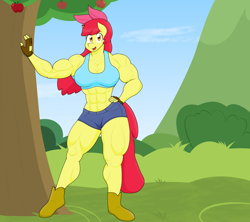 Size: 4030x3574 | Tagged: safe, alternate version, artist:matchstickman, character:apple bloom, species:anthro, species:earth pony, species:plantigrade anthro, species:pony, abs, apple, apple bloom's bow, apple brawn, apple tree, armpits, biceps, boots, bow, breasts, busty apple bloom, clothing, deltoids, female, fingerless gloves, gloves, hair bow, hand on hip, looking at you, mare, matchstickman's apple brawn series, midriff, muscles, muscular female, no dialogue, older, older apple bloom, pecs, shoes, short jeans, solo, sports bra, sweet apple acres, thighs, thunder thighs, tree